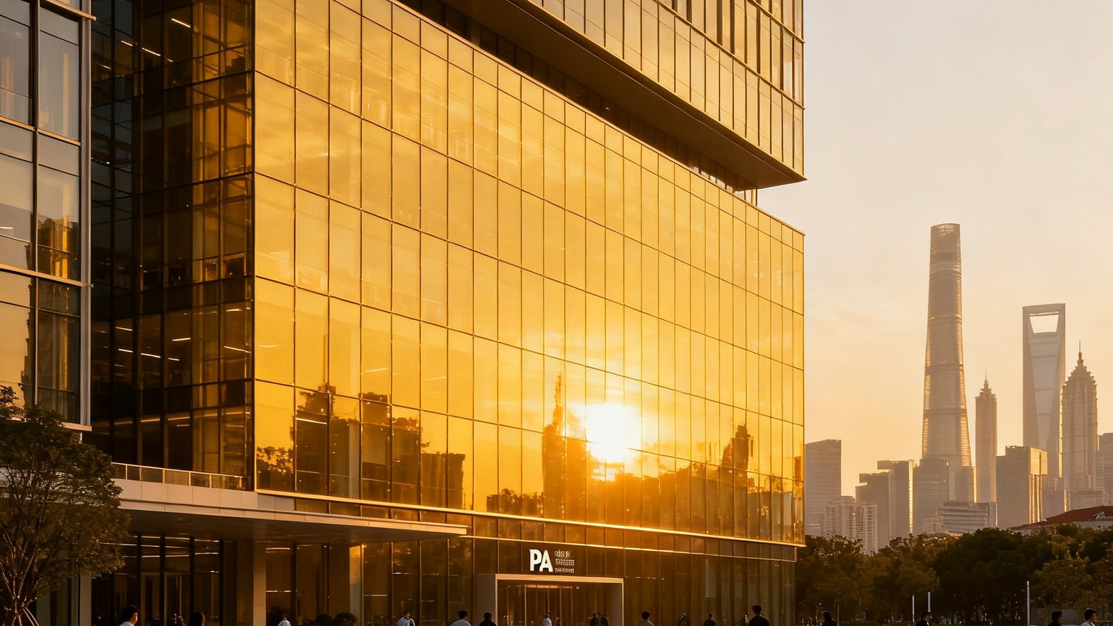 PA集团中国上海总部办公大楼的现代化外景，玻璃幕墙建筑在黄昏时分反射金色阳光，楼前绿化广场上点缀着漫步的员工与访客，远处陆家嘴天际线隐约可见