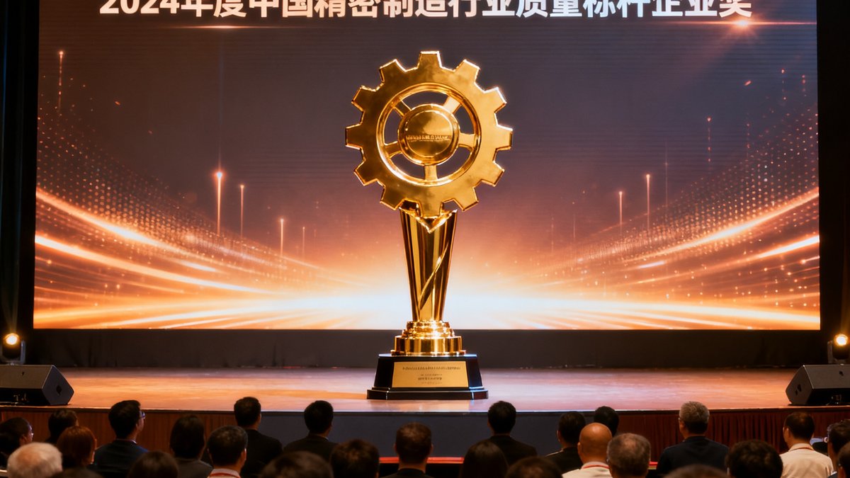 PA集团苏州工厂荣获2024年度中国精密制造行业质量标杆企业奖的颁奖现场照片，奖杯为金色齿轮造型，背景可见颁奖典礼的LED大屏幕