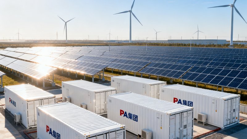 PA集团位于江苏盐城的光伏储能一体化基地全景，成排的太阳能板在阳光下熠熠生辉，白色储能集装箱设备整齐排列，远处风力发电机缓缓转动