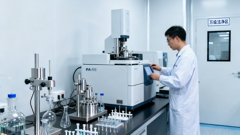 PA集团健康产业研发实验室，科研人员正在操作高端质谱分析仪，实验台上摆放着多种精密医疗器械原型样品，环境洁净度达到万级标准