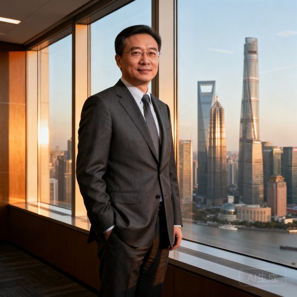 PA集团中国区首席执行官李伟博士的商务肖像照，他身着深灰色西装，背景是上海总部办公室的落地窗，窗外可见陆家嘴城市天际线