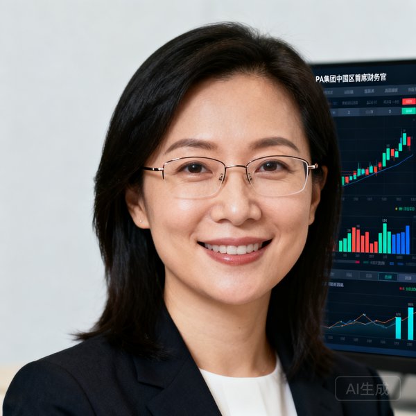 PA集团中国区首席财务官陈思雅女士的半身职业照，她佩戴细框眼镜，微笑面对镜头，身后是财务数据大屏显示区域