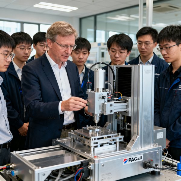 PA集团全球首席技术官马库斯·韦伯在苏州研发中心的工作照，他正在检查一台新型自动化设备的原型机，周围环绕着年轻的中国工程师团队