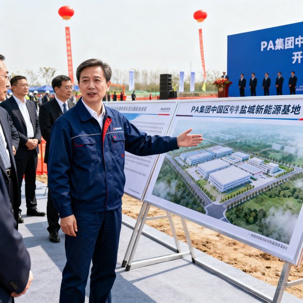 PA集团中国区副总裁张敏在盐城新能源基地开工仪式上的发言照片，她身穿藏蓝色工装，站在项目展板前向嘉宾介绍基地规划